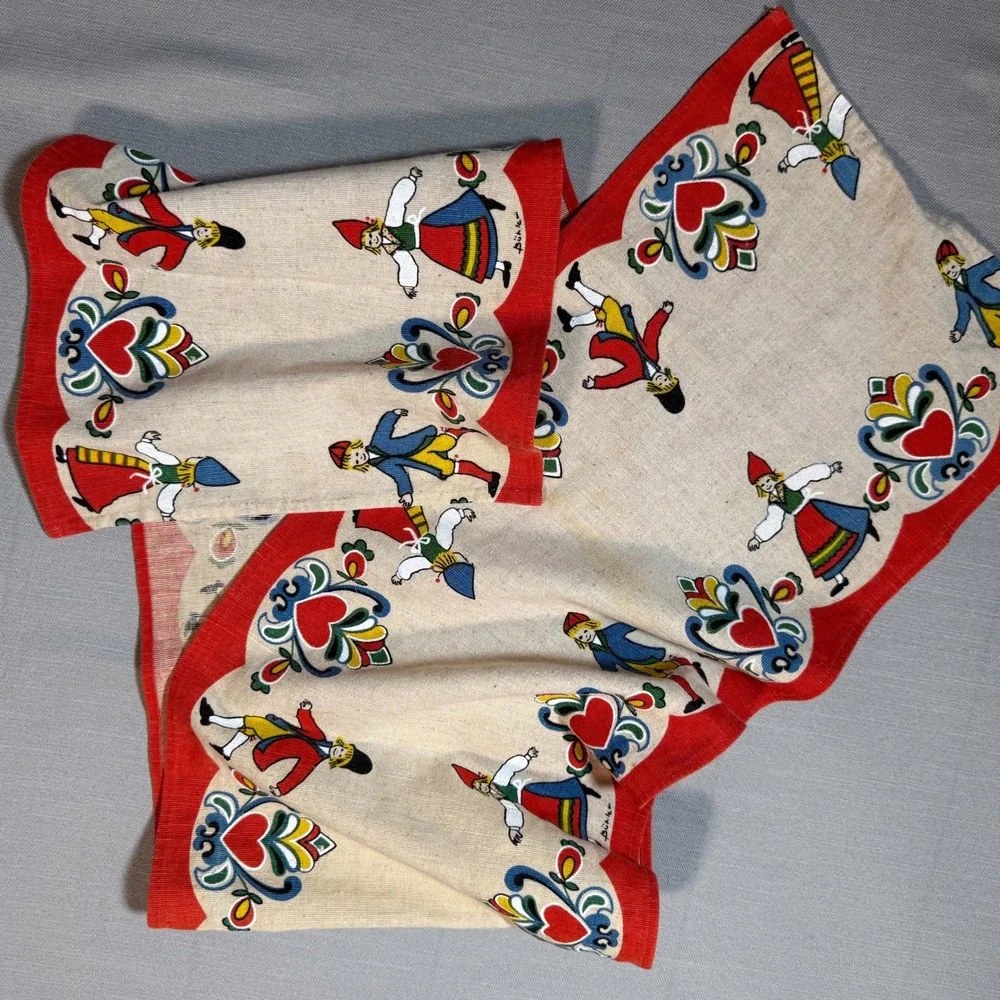 Vintage Scandinavian Folk Art Table Runner Red Scalloped Edge Linen Cotton 53